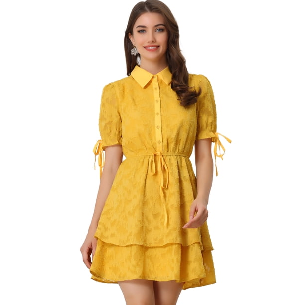Vestido A Capas De Gasa Con Cordón Floral Cuello Peter Pan Para Mujer Amarillo XL