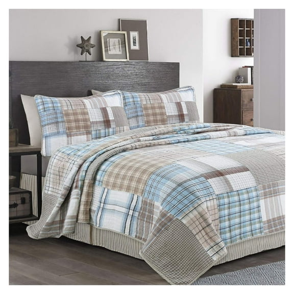 100% Cotton Real Patchwork Reversible Quilt Bedding Set, Blue Grey Brown Plaid Grid Coverlet, Bedspread (Hank Patchwork, Queen-3 Piece)
