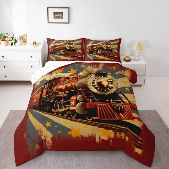 Castle Fairy Teens Vintage Railway Train Bedding Comforter Set 2pcs,Abstract Retro Twin Comforter Sets Microfiber,Transportation Railway Railroad Breathable Bedding Set,Lightweight Room Decor