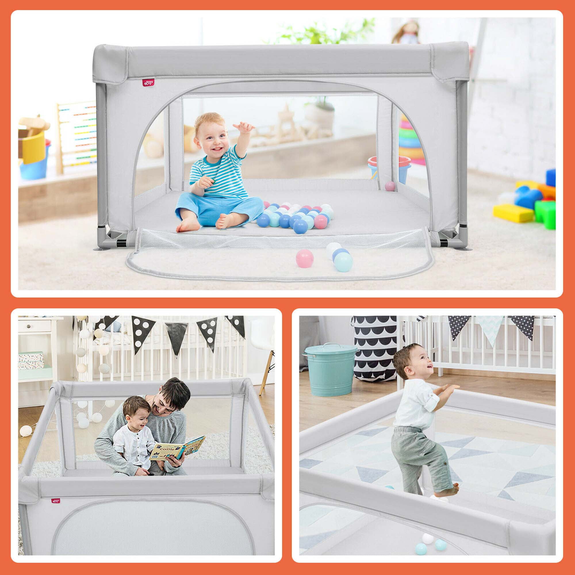Costway Baby Playpen Infant Large Safety Play Center Yard w/ 50 Ocean Balls Grey