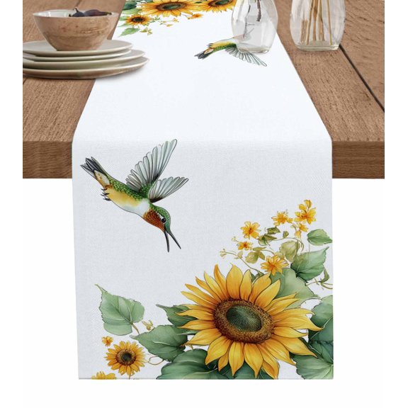 Sunflower Table Runner 36 Inches, Green Summer Flower Birds Pastoral Bed Runner Dresser Scarves Tabletop for Indoor Outdoor Parties/Ceremony/Banquet, 13"x 36"