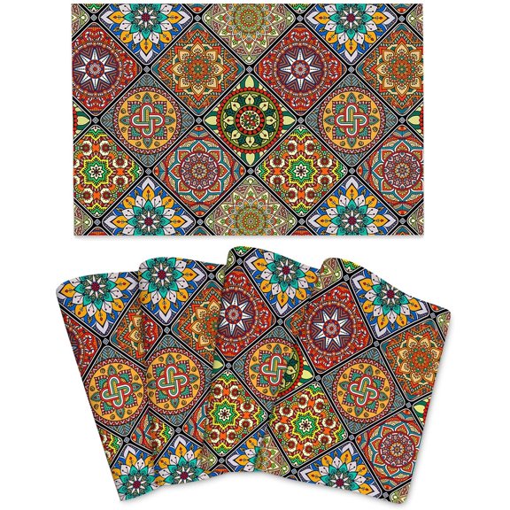 Mandala Colorful Geometry Retro Placemats Set of 4 Linen Washable Non-Slip Heat-Resistant Boho Decor Kitchen Table Mats for Dining Outdoor Home Decor 12x18 Inch