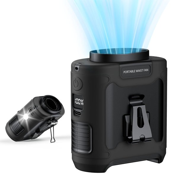 Ventilador portátil PlanCiti con clip para cintura, 10000 mAh, con linterna, color negro