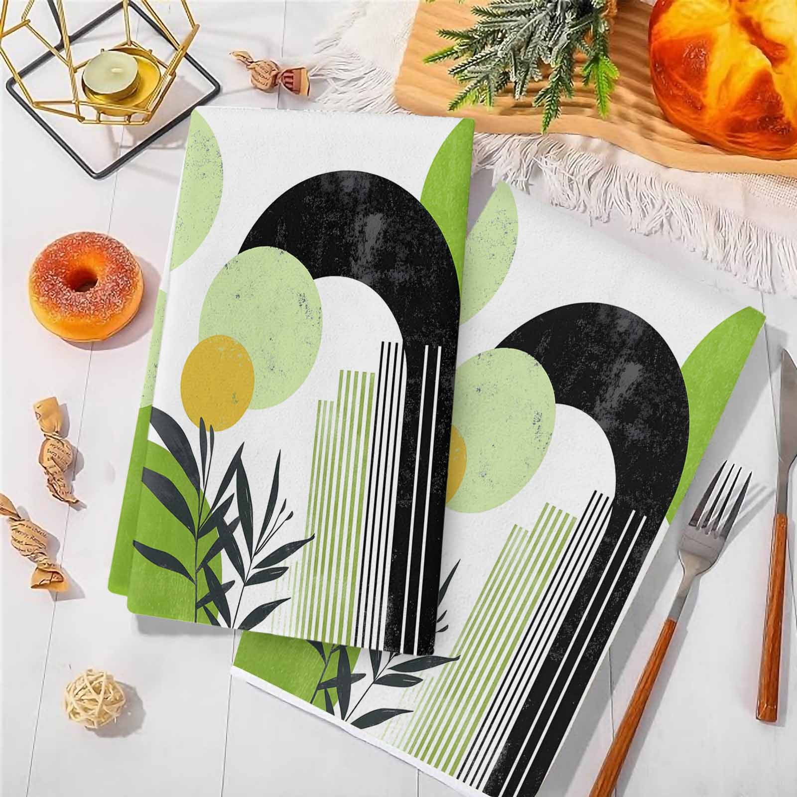Dish Towels, Green Boho Absorbent Kitchen Towels 2 PCS, Geometric Line Leaves Microfiber Hand Towels Dish Cloths Tea Towels for Home&nbsp;Bathroom Cleaning Drying,18X28-Inch,