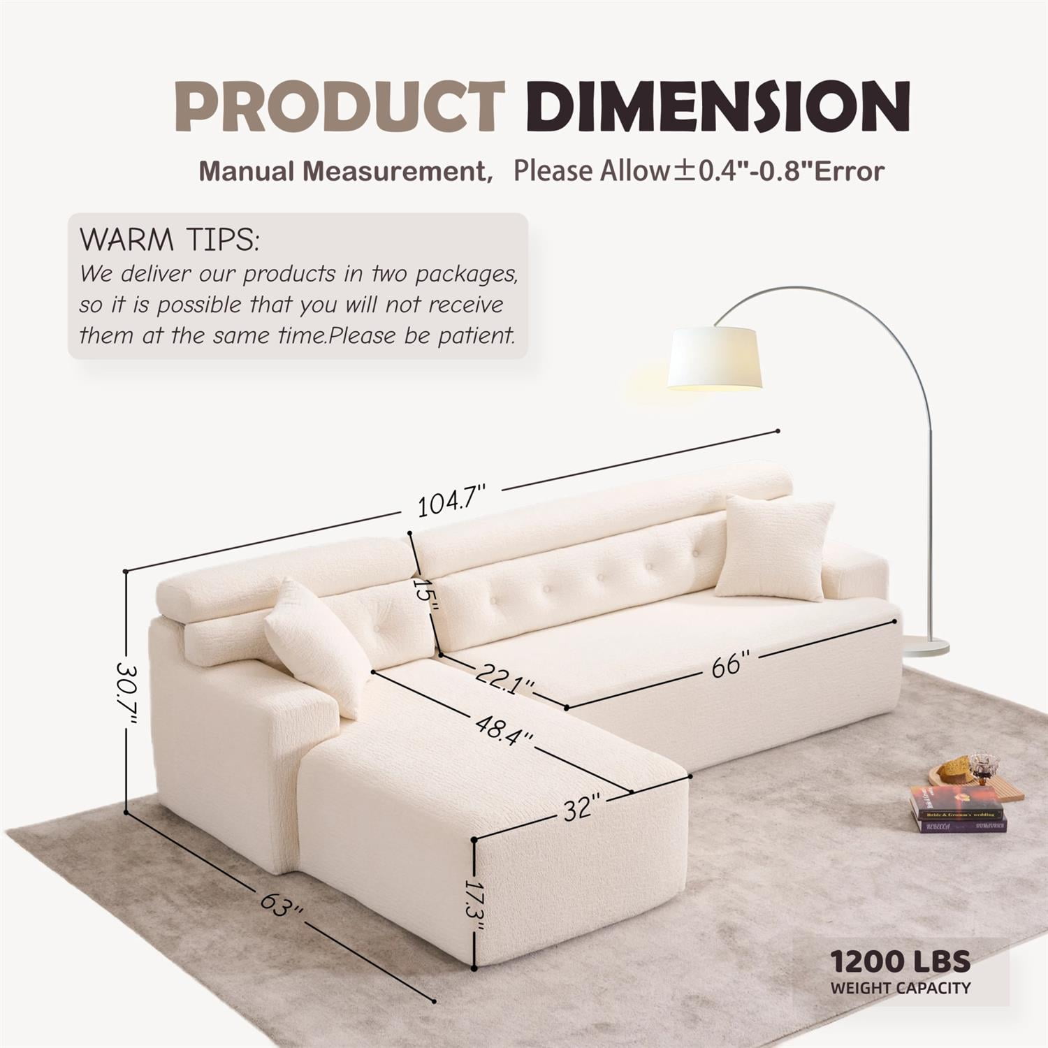 Demi Bonn 105" Modern L-Shaped Sectional Sofa, 3-Seater Couch with Chaise Lounge, 2 Accent Pillows, Wood Grain Chenille Fabric for Living Rooms, White