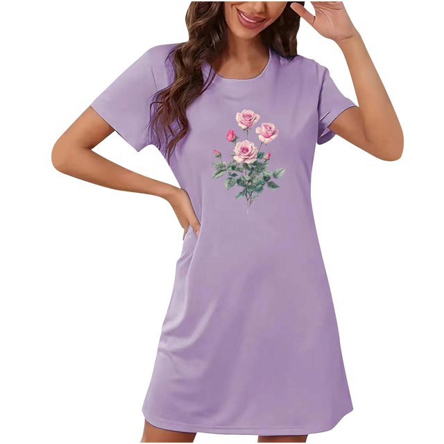 Xysaqa Chemises de Nuit & Chemises de Nuit pour Femmes, Chemises de Nuit pour Femmes Manches Courtes Douces Robe de Nuit Imprimée Florale Vêtements de Nuit Chemise de Nuit Économies d'Été Violet TTG