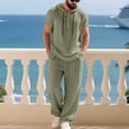 thumbnail image 2 of Hinvhai Linen 2 Piece Sets for Men Button Down Linen Shirts with Hood and Beach Pants Loose Fit Casual Vacation Outfits Army Green XXXL(XXXL), 2 of 9