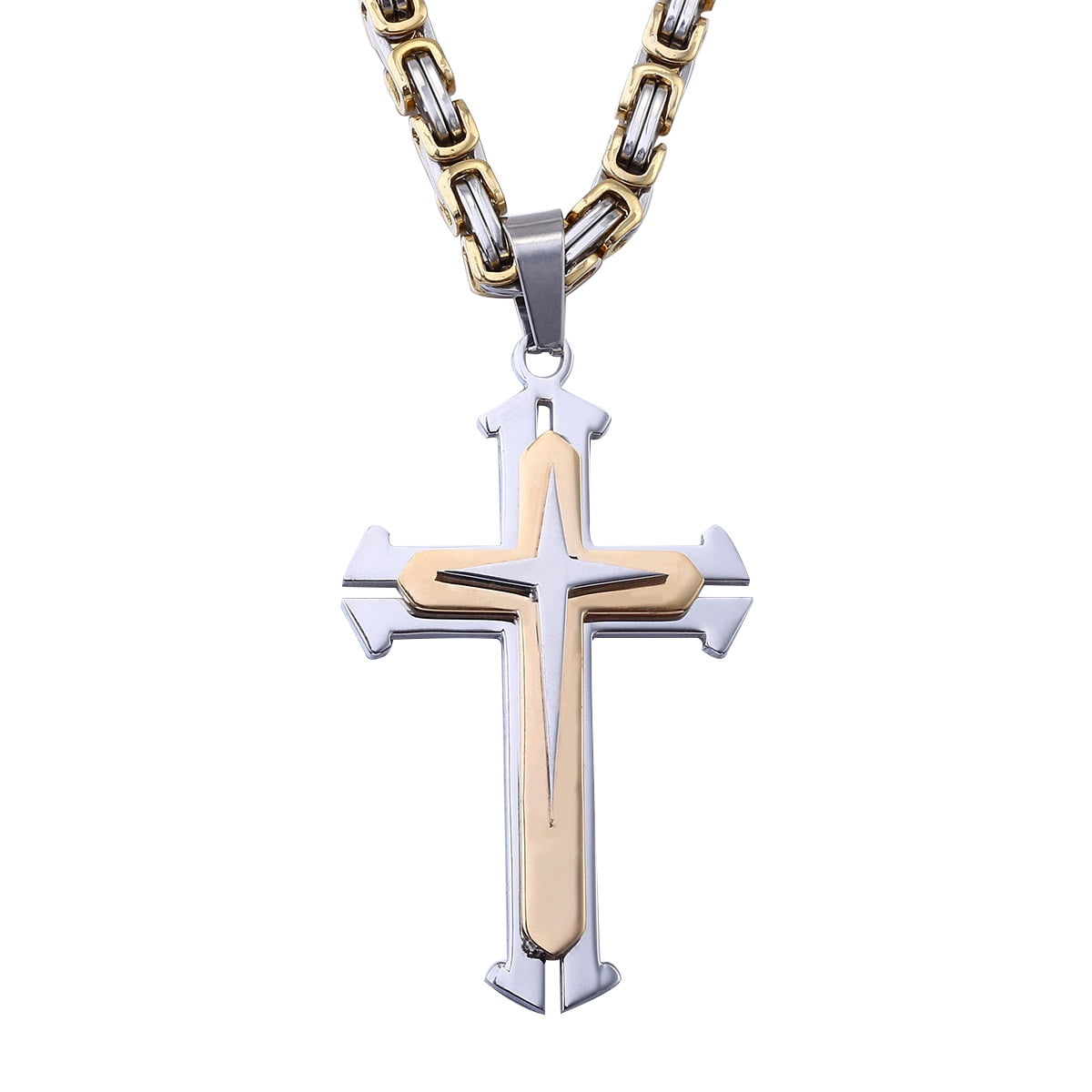 Hermah Stainless Steel Cross Pendant Necklace Mens Boys Chain 5mm Byzantine Chain 22-30inch