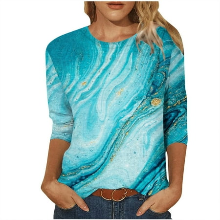 Summer Savings Clearance 2022! BEFOKA Summer Tops T-shirt Blouse for Womens, Women's Fashion Printed T-shirt Mid-length 3/4 Sleeves Blouse Round Neck Casual Tops
