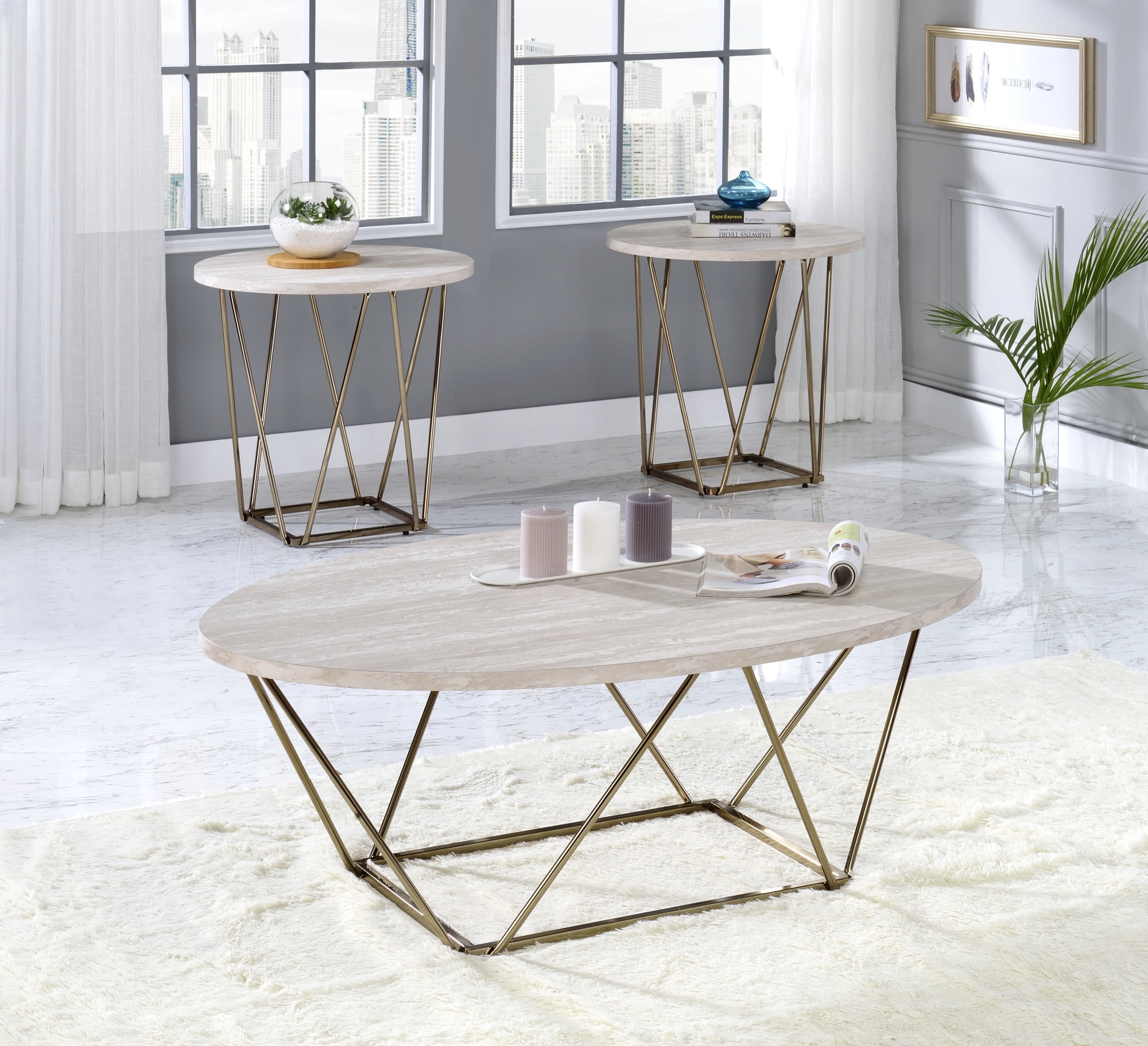 Steve Silver Rowyn Contemporary 24" Round Genuine Marble End Table, White/Copper