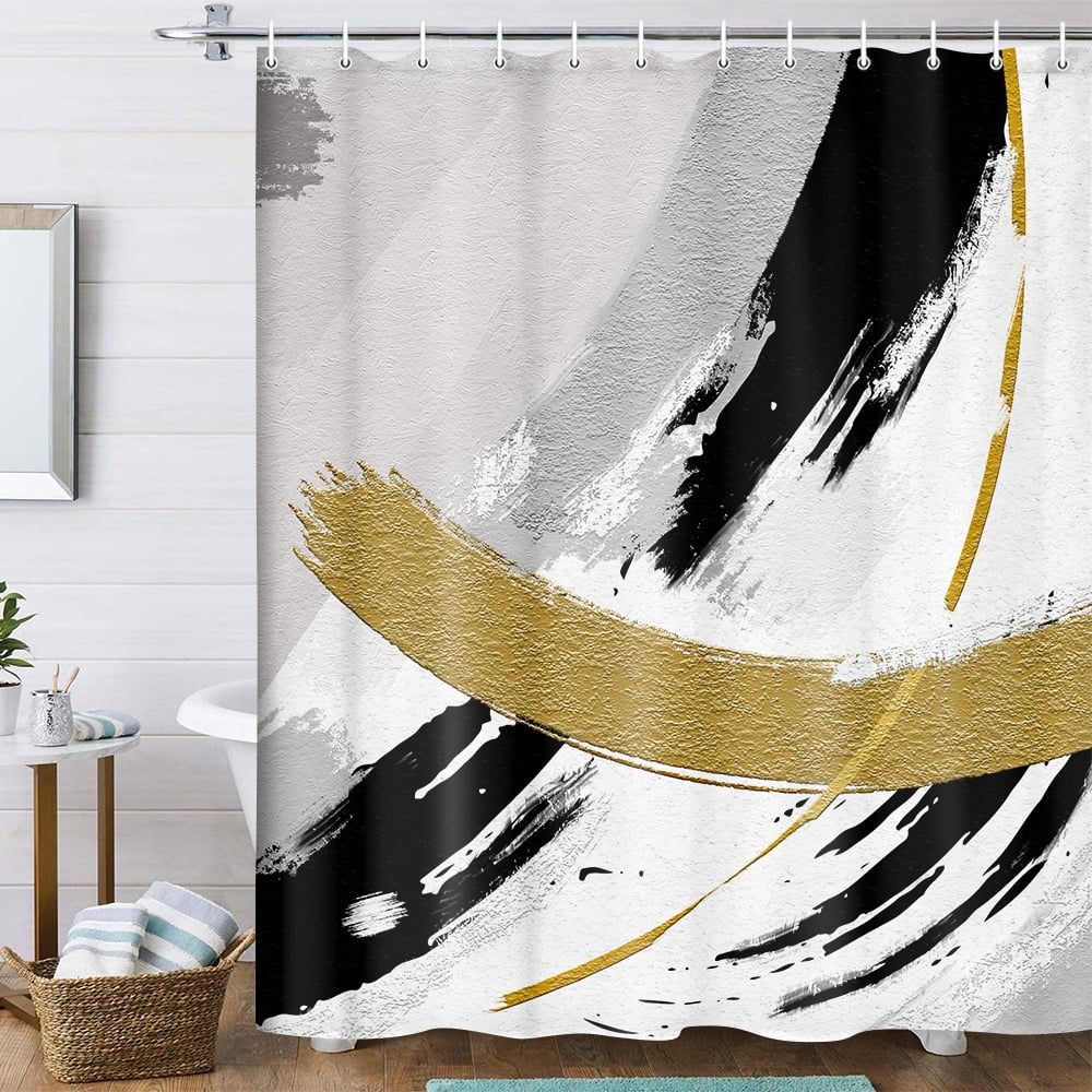 Black and Gold Abstract Shower Curtain, Chic Design White Grey Art Designer Fabric Shower Curtains Set for Bathroom Decorative, Modern Restroom Decor Accessories with Hooks 72X 72 Inch