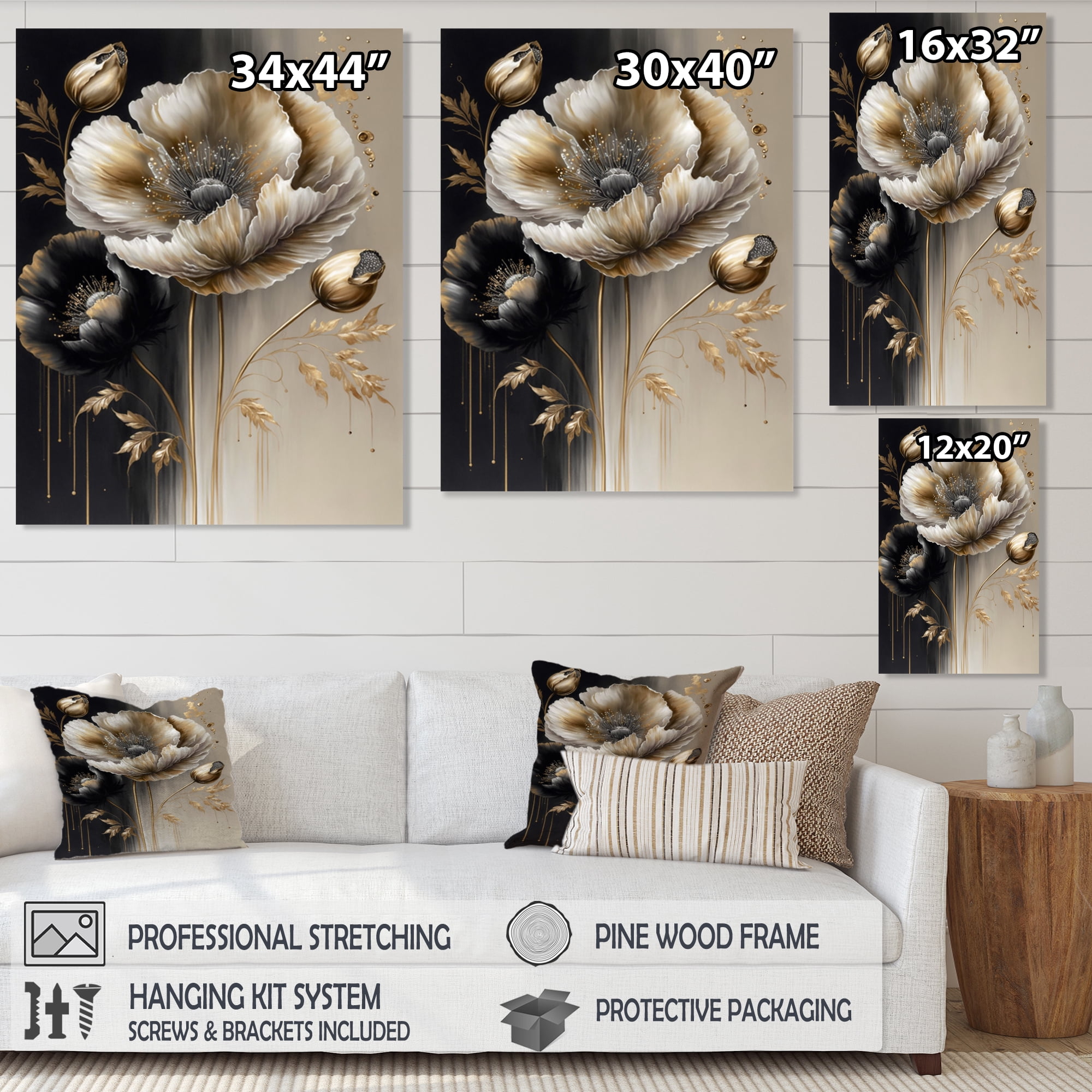 Designart Grey Gold Flower Bouquet V Canvas Wall Art