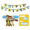 thumbnail image 1 of Toy Story decoración de fiesta de cumpleaños, vajilla desechable con globos de Buzz Lightyear, plato de papel, taza, manteles, suministros para Baby Shower（banner1-1set, 1 of 5