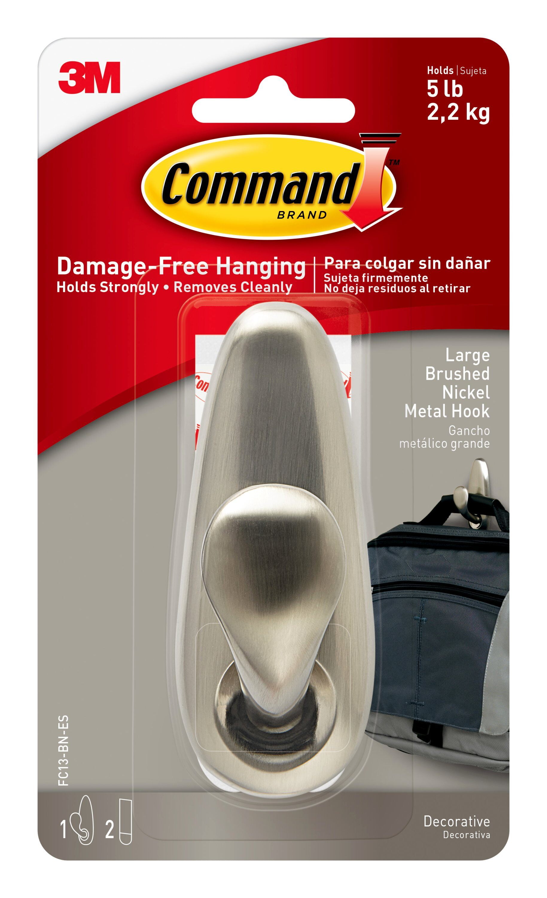 Command Metal Hook, Large, Brushed Nickel Finish, 1 Hook, 2 Strips