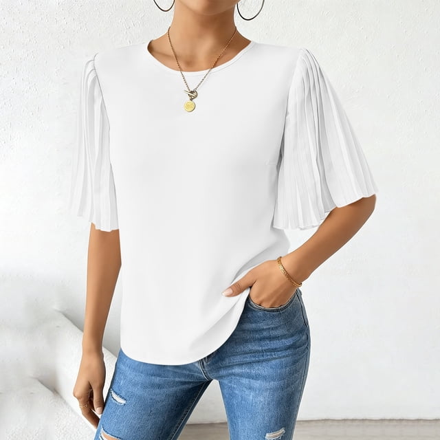 TaTaai 2026 Spring Summer Solid Color Chiffon Top for Women Round Neck Back Button Pleated Flared Sleeve Five-Quarter Sleeve Casual Blouse Soft Comfy Vacation Gift