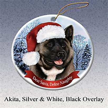 Akita Porcelain - Holiday Pet Gifts Akita (Silver & Red) Santa Hat Dog Porcelain Christmas Tree Ornament