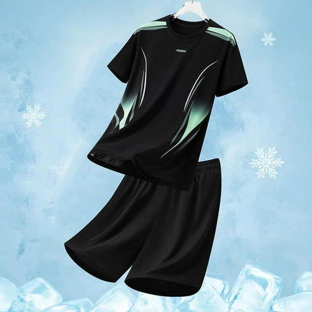 Handshe Men's Summer Casual Solid Color Short - Sleeved Round Neck Elastic Waist Set, Polyester Fashion Two - Piece Outfit