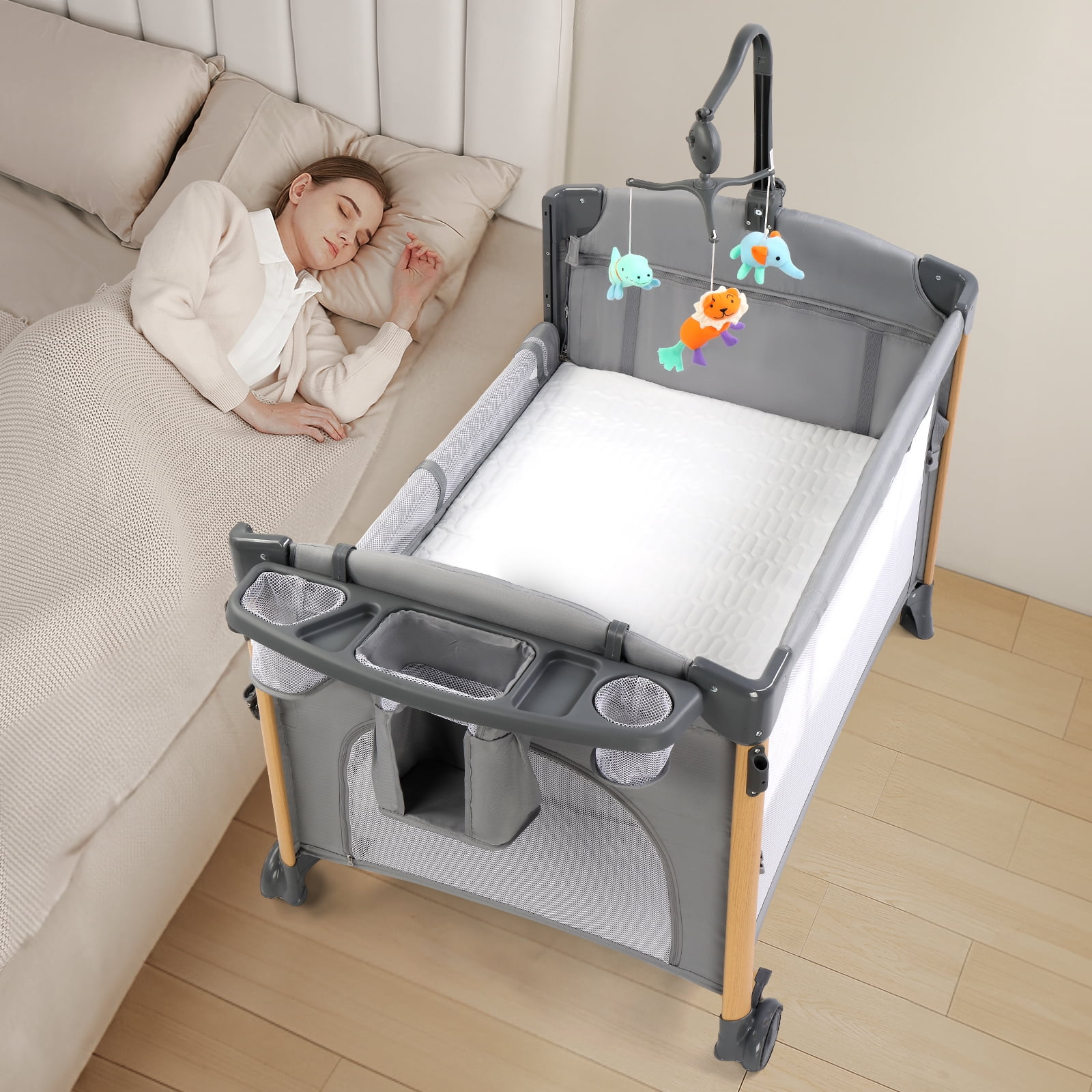 JOYMOR All in One Nursery Center,Bassinet with Changing Table,Mattress,Sheet,Unisex Infant