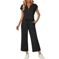 thumbnail image 2 of Vhkiploz Summer 2 Piece Outfit for Women Short Sleeve V-Neck Button Down Tops and Drawstring Elastic Waisted Shorts with Pockets Macthing Suits s Travel Vacation Streetwear Suits s Black L, 2 of 6