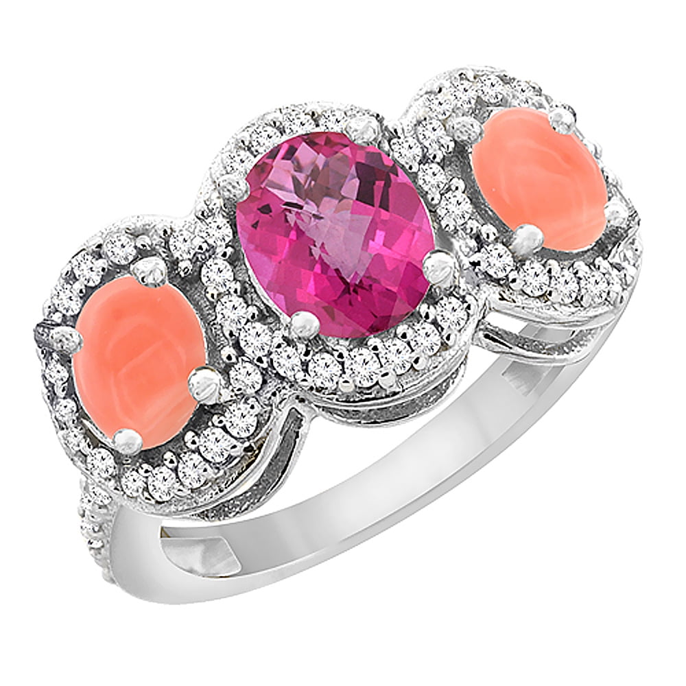 10K White Gold Natural Pink Sapphire & Coral 3-Stone Ring Oval Diamond Accent, size 5.5 by Gabriella Gold