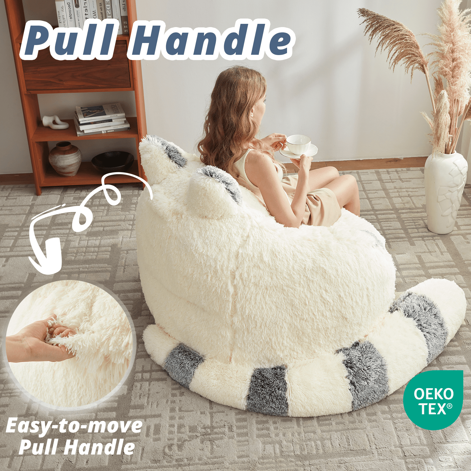 Ebenchico 3.7ft Raccoon Shaped Bean Bag Chair for Adults Teens Kids, Large Beanbag Chairs for Reading Gaming Relaxing, Beige
