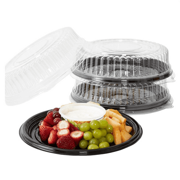 Heavy Duty,  12 in. Serving Tray and Lid 3pk. Large, Black Plastic Party Platters with Clear Lids Dishware Plate, Elegant Round Banquet or Catering Trays for Serving Appetizers