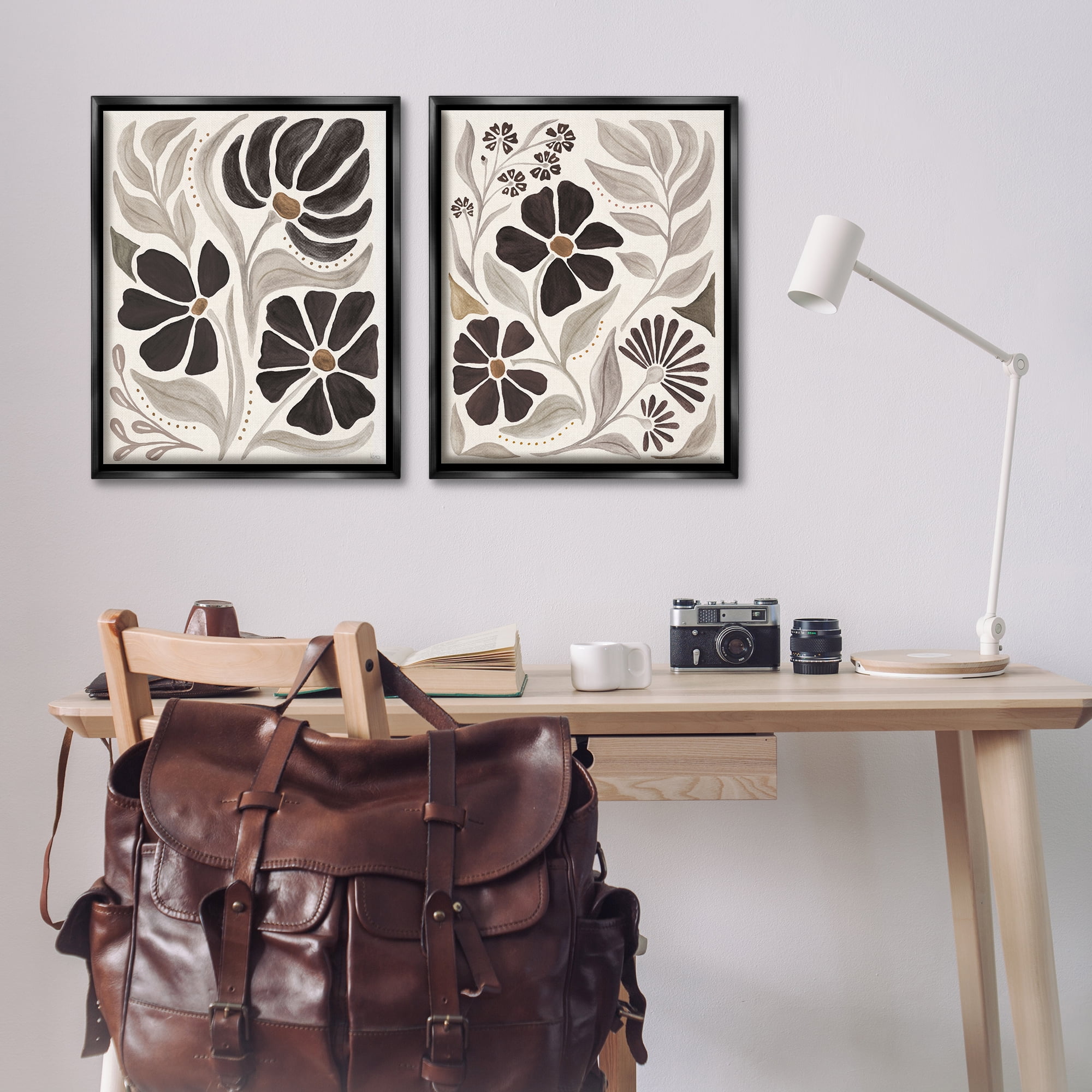 Stupell Industries Modern Neutral Petals Plants & Flowers Painting Black Floater Framed Canvas Art Print Wall Art, 31 x 25, Set of 2