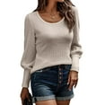 thumbnail image 1 of Jersey de mujer Top Rib Knit Lantern Manga larga Cuello en U Suéter de color puro para otoño invierno Albaricoque L, 1 of 6