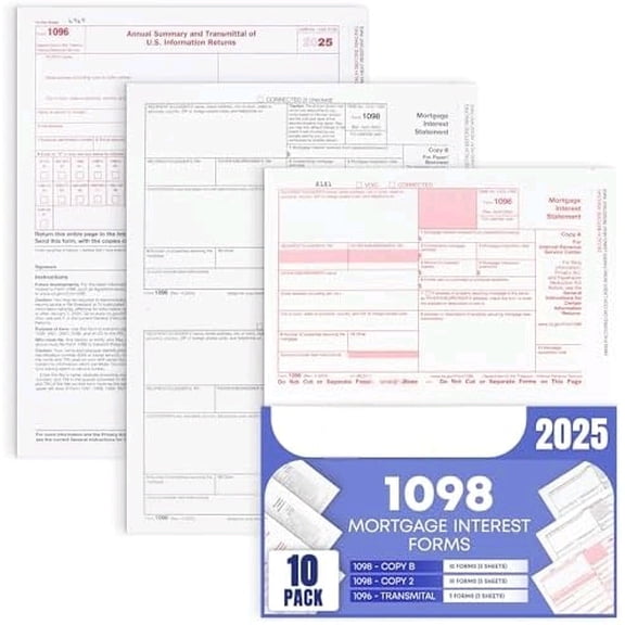 1098 Mortgage Interest Tax Form 2025, 2 Part Laser Federal Tax Forms kit with 1096 Transmittal Designed for QuickBooks and Accounting Software Pack of 10$$Office