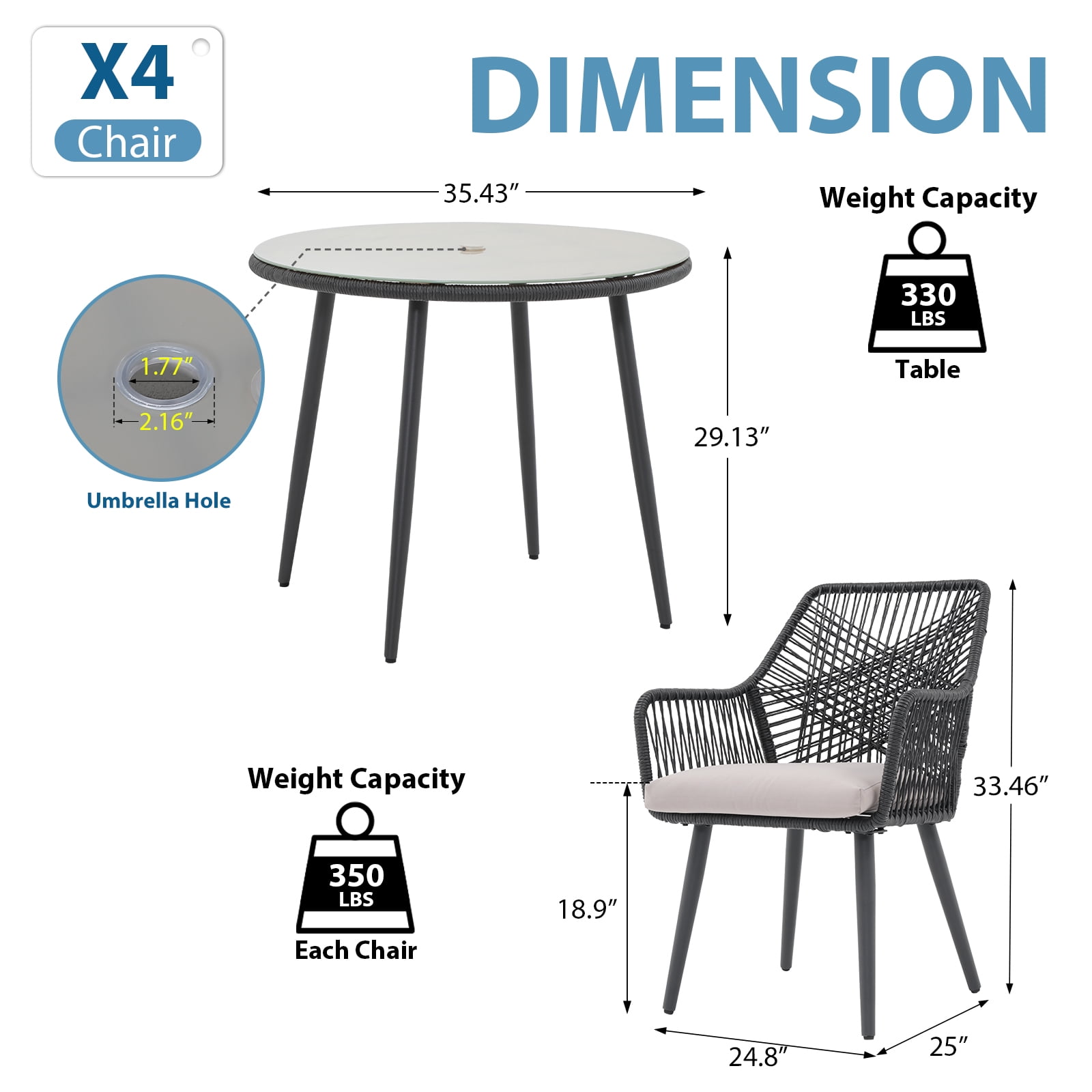 JOIVI 5-Piece Outdoor Patio Dining Set with Rattan Dining Chairs for 4-Person & Tempered Glass Table, 2.16” Umbrella Hole, Black