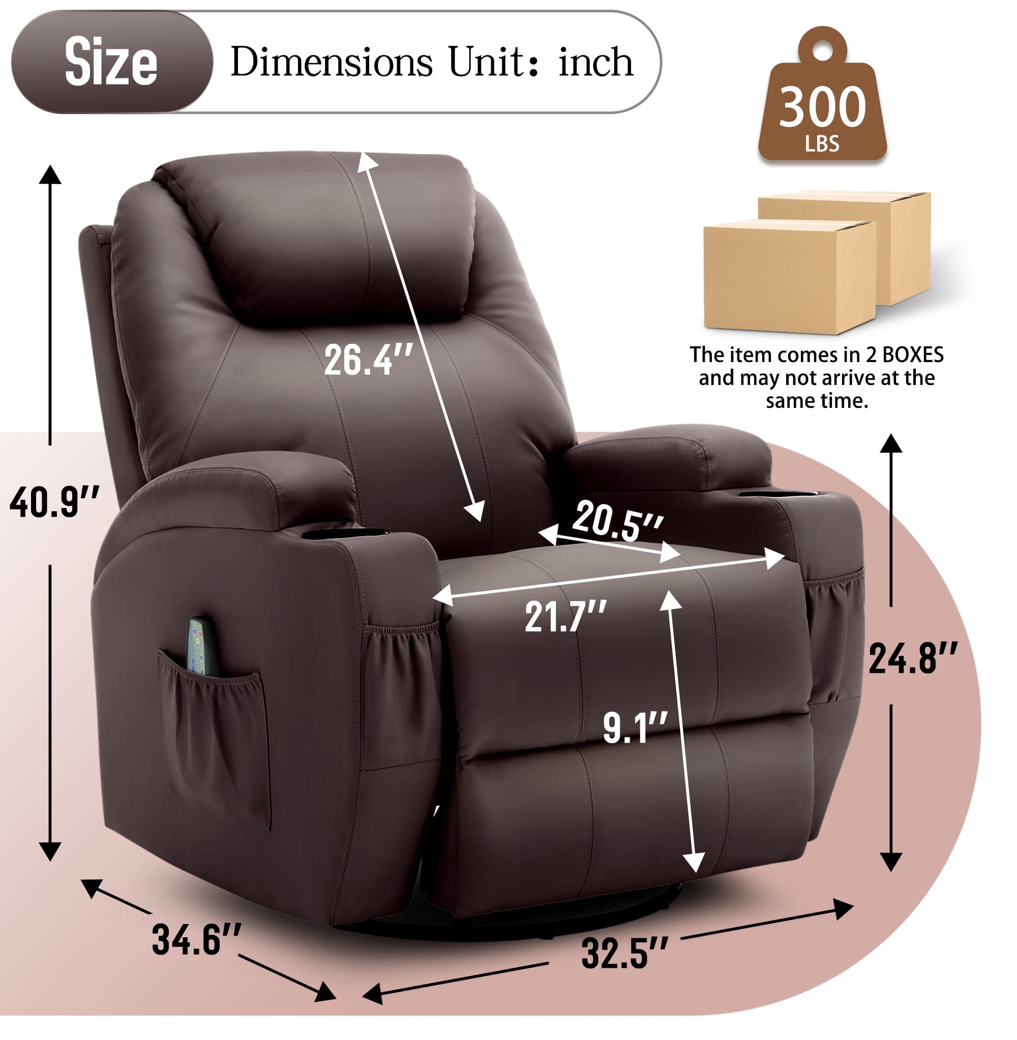 Korser Swivel Rocker Recliner Chair with Massage Faux Leather for Living Room,Brown