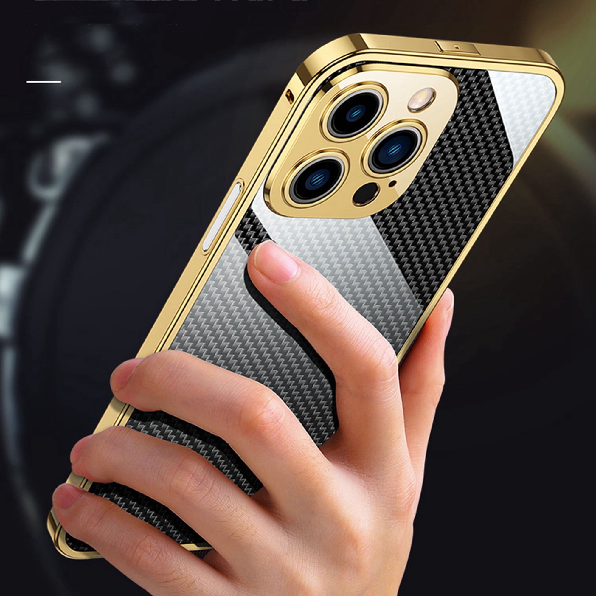 ELEHOLD Luxury Heavy Duty Case for iPhone 14 Pro 6.1 inch Slim Thin Case Stainless Steel Frame Carbon Fiber Back Design All-inclusive Lens Protection Shockproof Case,  Gold