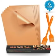 Grill Mat Copper 6 Pack, 100% Non-Stick 16x13” BBQ Grilling Baking Mats with 2 Basting Brushes Grill Mat For Gas, Charcoal, Electric Grill Reusable Grill Sheet Pad Heat Resistant Up To 716℉