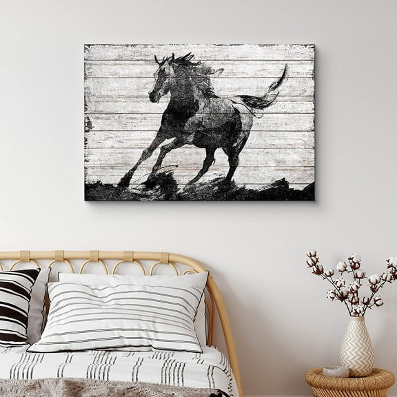 PixonSign Canvas Print Wall Art Wood Panel Style Horse Gallops on Road Animals Wildlife Illustrations Modern Art Contemporary Portrait Relax/Calm Multicolor Warm for Living Room, Bedroom - 32"x48"