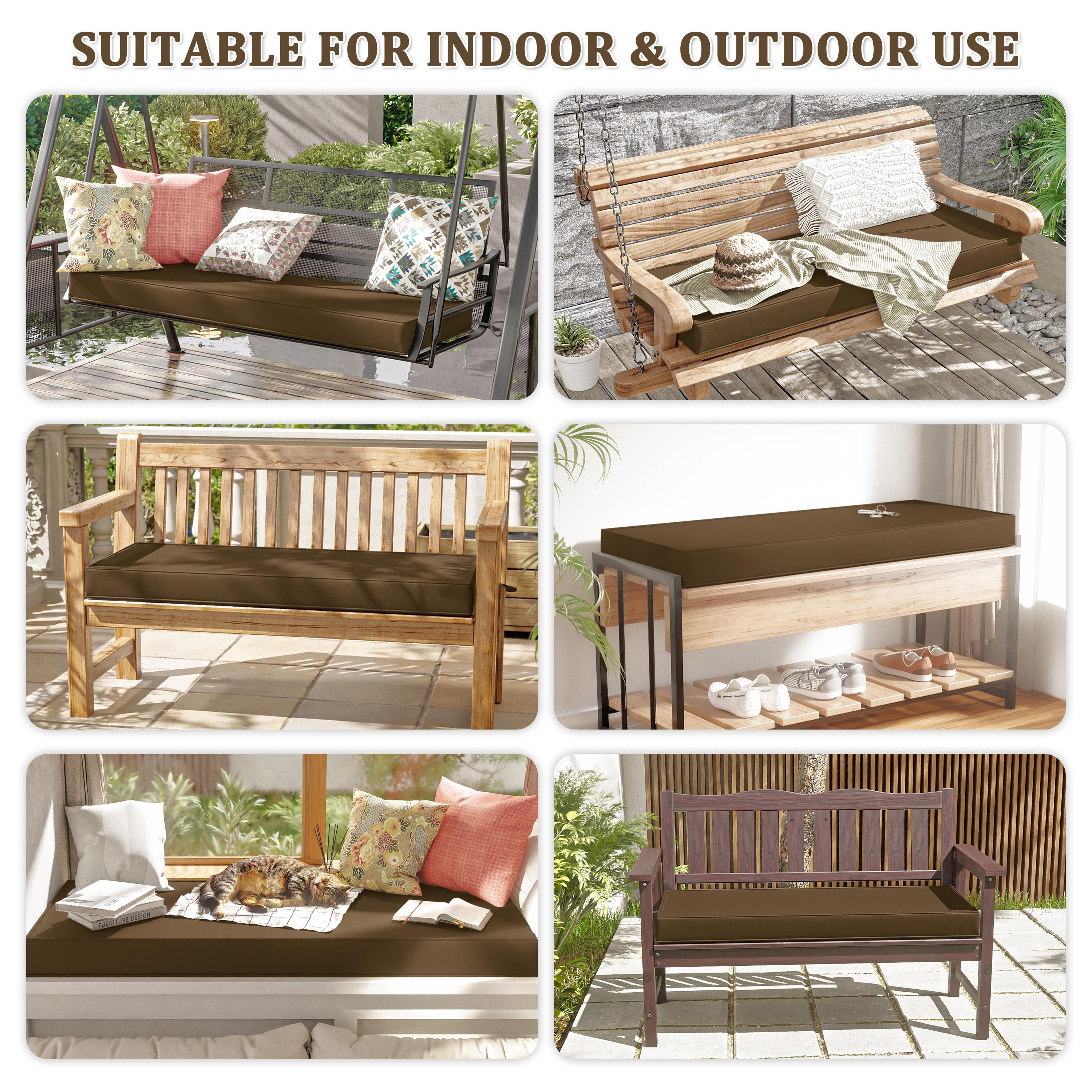 Kimunuk Outdoor Bench Cushions 45 x 18 x 3.5 Inch, High Density Foam Bench Seat Cushion, Porch Swing Cushion with Non-Slip Removable Cover, Chocolate