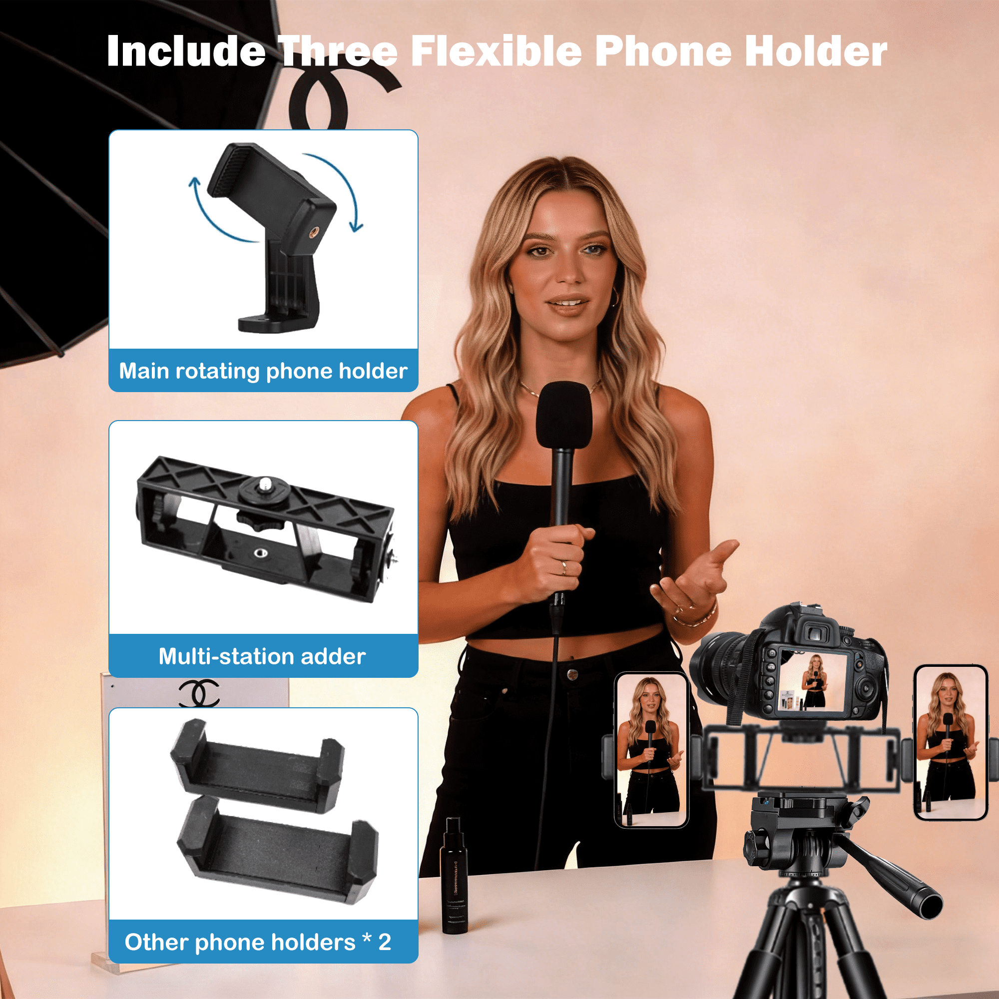 TIKBBRMG Camera Tripod, 67'' Tripod for Camera Phone Video Recording, Professional Tripod Stand with Carry Bag and Phone Holder * 3, Lightweight Travel DSLR Tripod for Smartphone Live Streaming Vlog