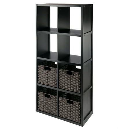 Winsome Wood Timothy 4x2 Black Storage Shelf with 4 Foldable Woven Chocolate Baskets