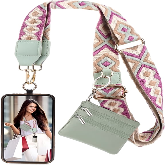 HBMYN Cell Phone Lanyard Crossbody, Adjustable Cell Phone Lanyard Strap with Detachable Wristlet, Clip and Go Phone Strap with Zippered Wallet Phone Strap Crossbody
