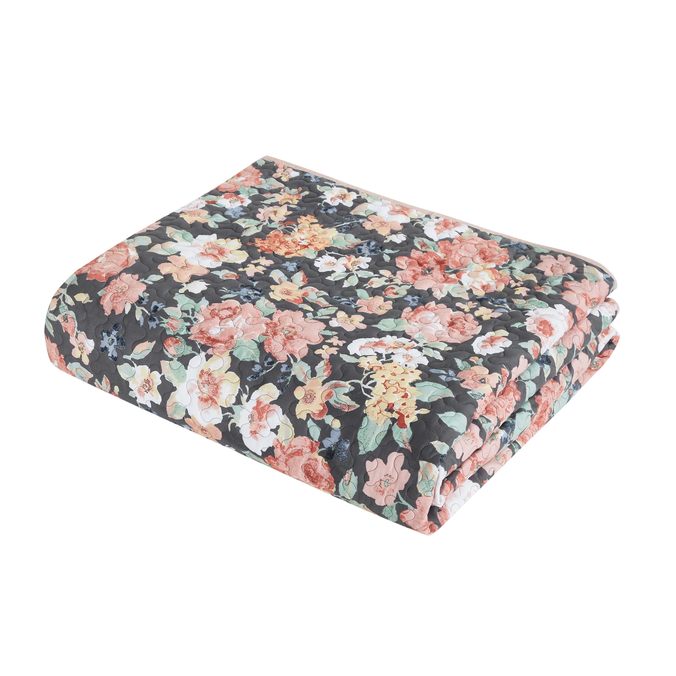 Mainstays All in One Lightweight Quilt Set and Sheet Set -7 Piece, Queen, Grey Floral