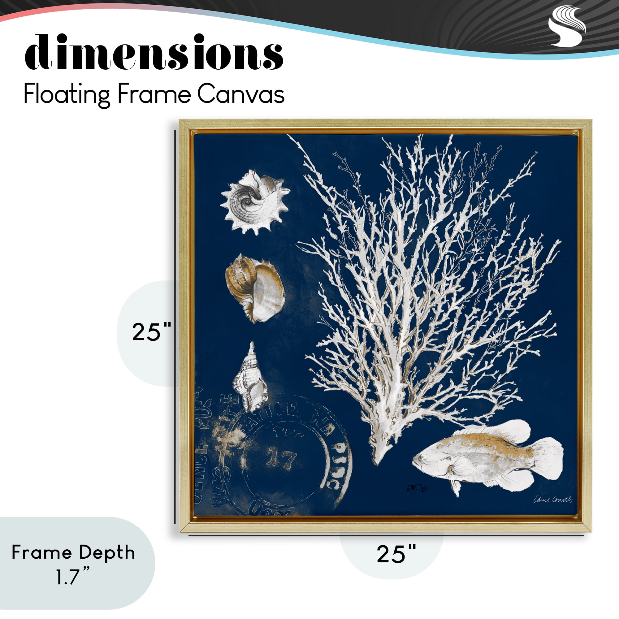 Stupell Industries Coral Medley on Navy Gold Framed Floater Canvas Wall Art, design by Lanie Loreth