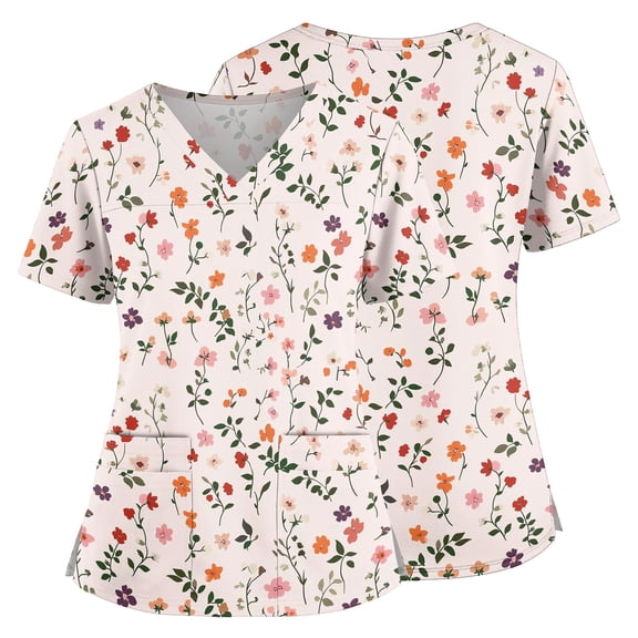 Scrub Tops Women Floral Print Short Sleeve V Neck Breathable Nursing Top