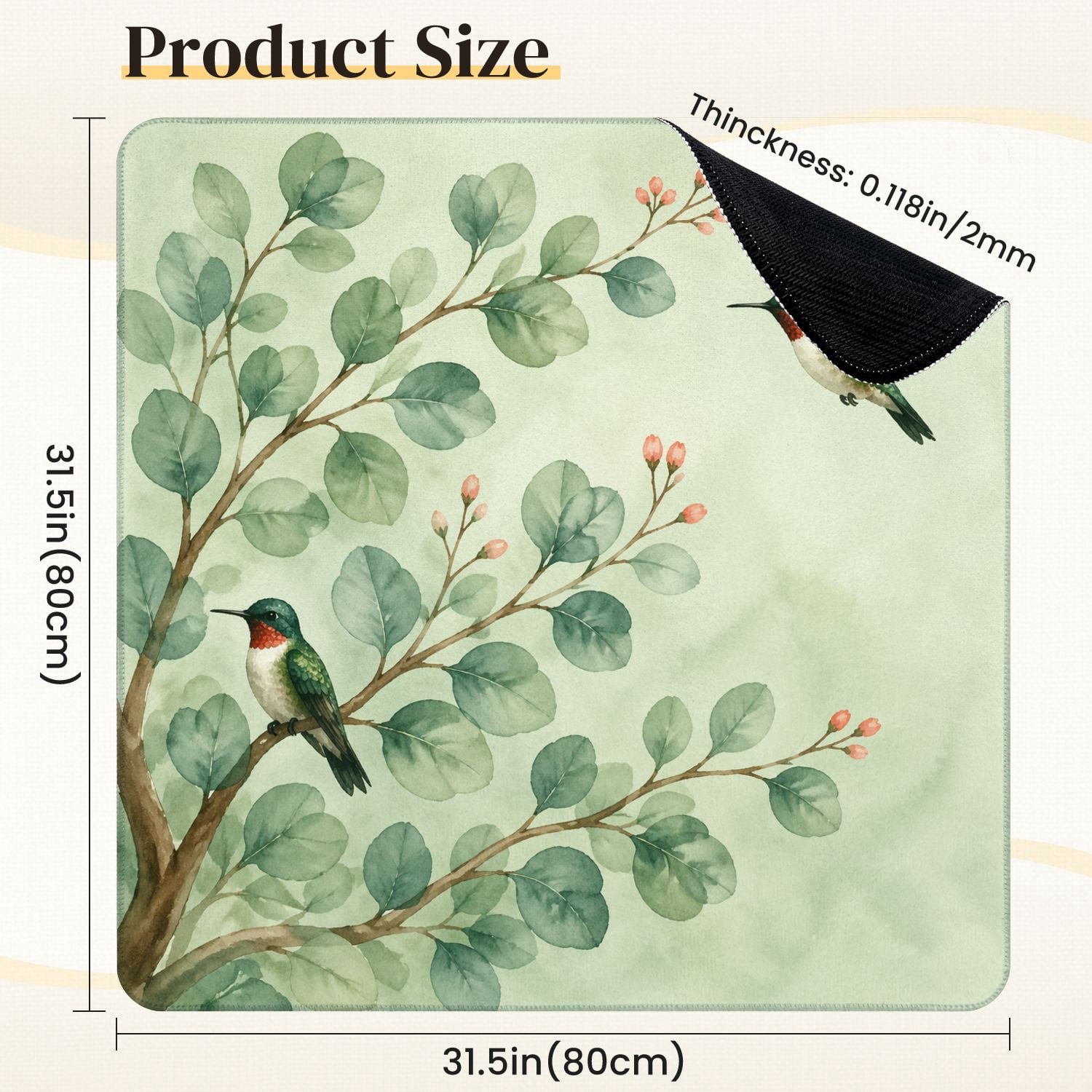 Mahjong Mat 31.5" x 31.5" Hummingbirds Green Leaves Elegant Watercolor Style Non-Slip Noise Reduction Mahjong Tiles Table Cover for Dominoes Poker Card Board and Tile Games