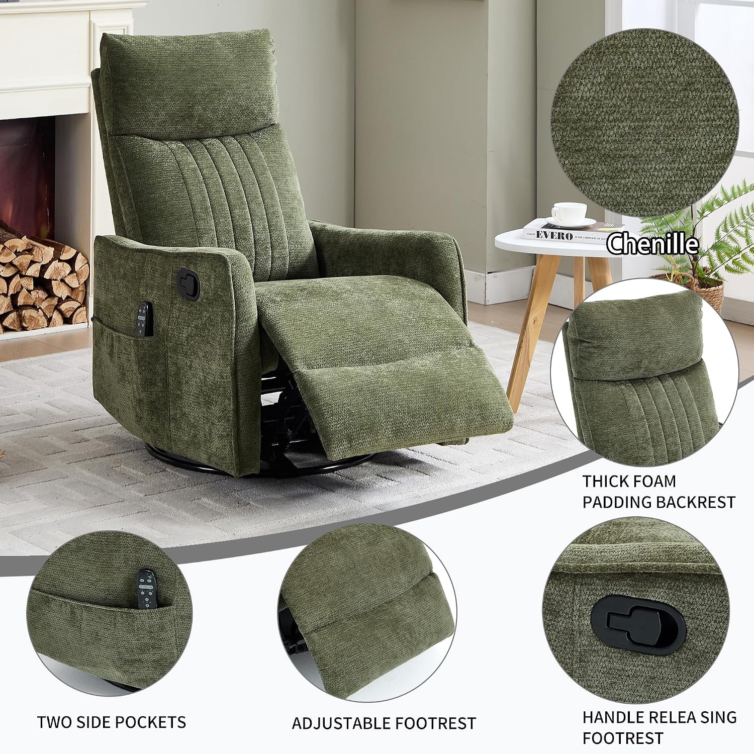 High Back Manual Recliner Chair with Heat & Massage, Swivel Rocker for Living Room Bedroom, Antique Green
