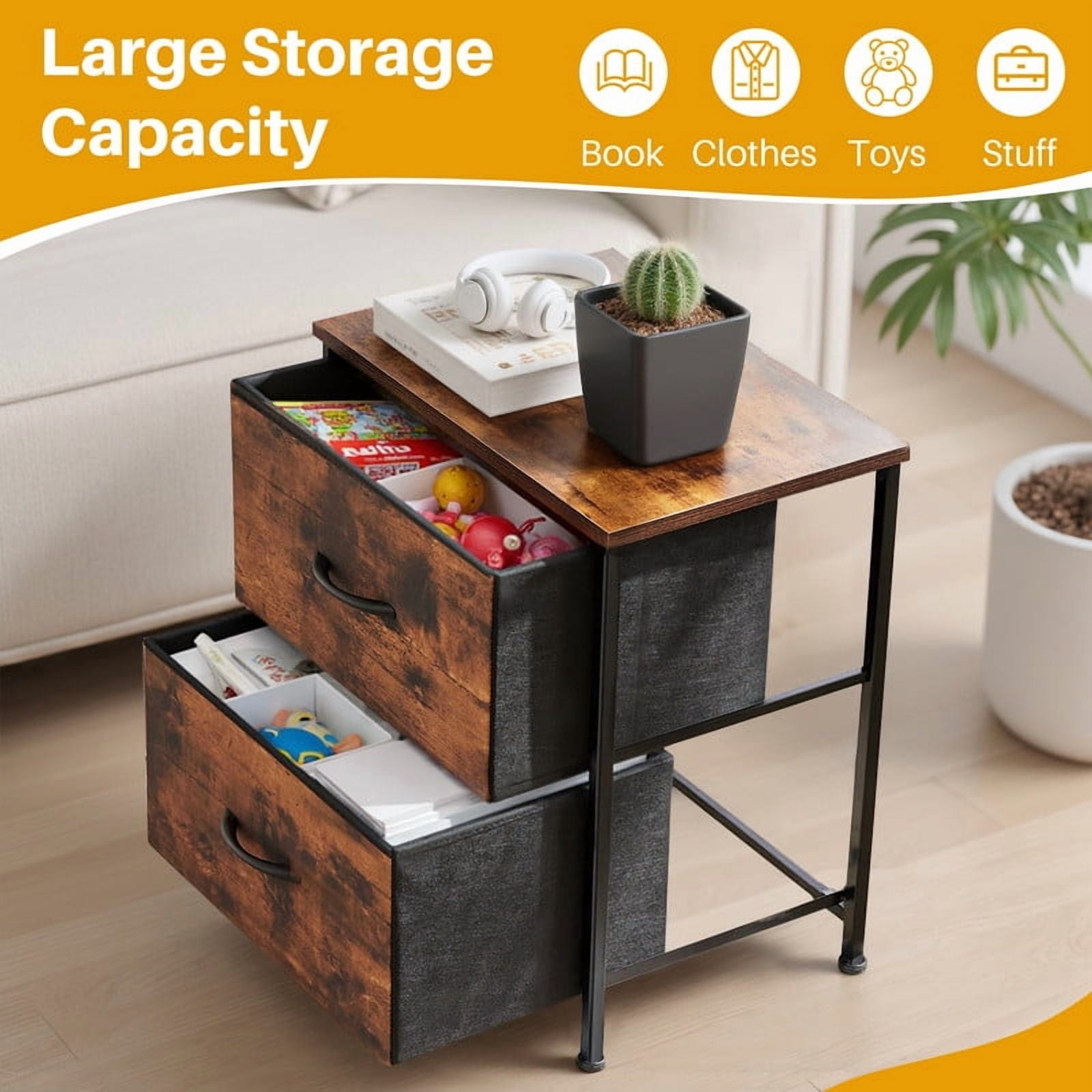TINKLE WELL Nightstand Set of 2 with 2 Fabric Drawers, End Table 20 inch Tall Side Table for Bedroom, Closet, or Dorm Storage, Brown