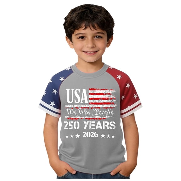 Povozer 250 Anniversary Usa Shirt Unisex Kids Flag T-Shirts Boys 4th Of July Shirt Kids 250 Anniversary USA Shirt Vintage Short Sleeve 1776 2026 Patriotic Flag Tshirt Size 6-7 Years,Light Gray