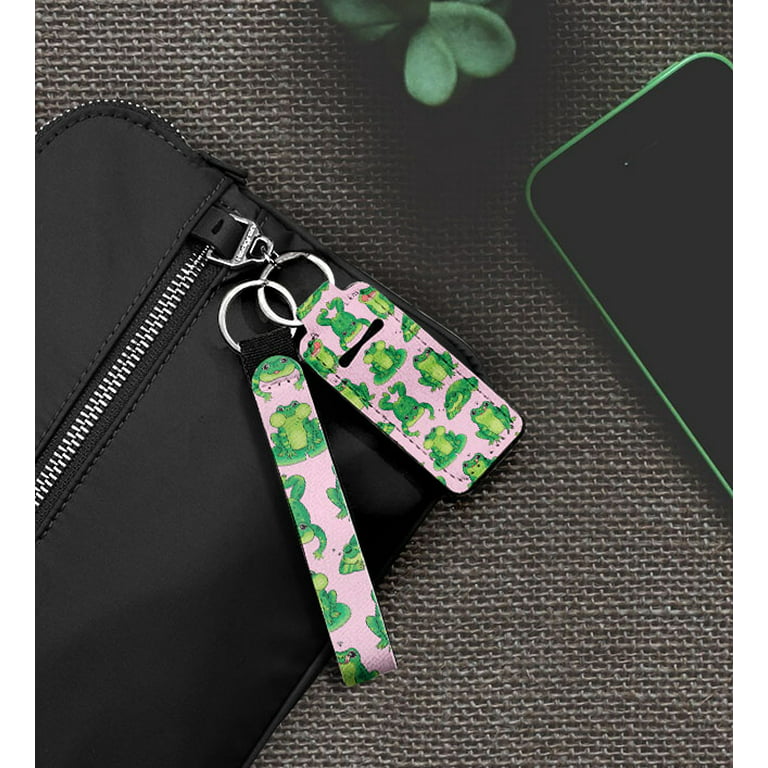 WIRESTER Lipstick Chapstick Holder Keychain Neoprene Lip Balm Holder Cover  With Wristlet Keychain Lanyard for Women - Green Frog Pattern