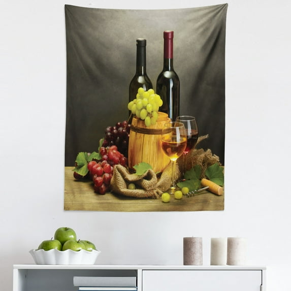 Winery Tapestry, Cask Bottles and Glasses of Wine and Ripe Grapes on Wooden Table Picture Print, Fabric Wall Hanging Decor for Bedroom Living Room Dorm, 5 Sizes, Multicolor, by Ambesonne