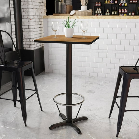 BizChair 24'' Square Walnut Laminate Table Top with 22'' x 22'' Bar Height Table Base and Foot Ring