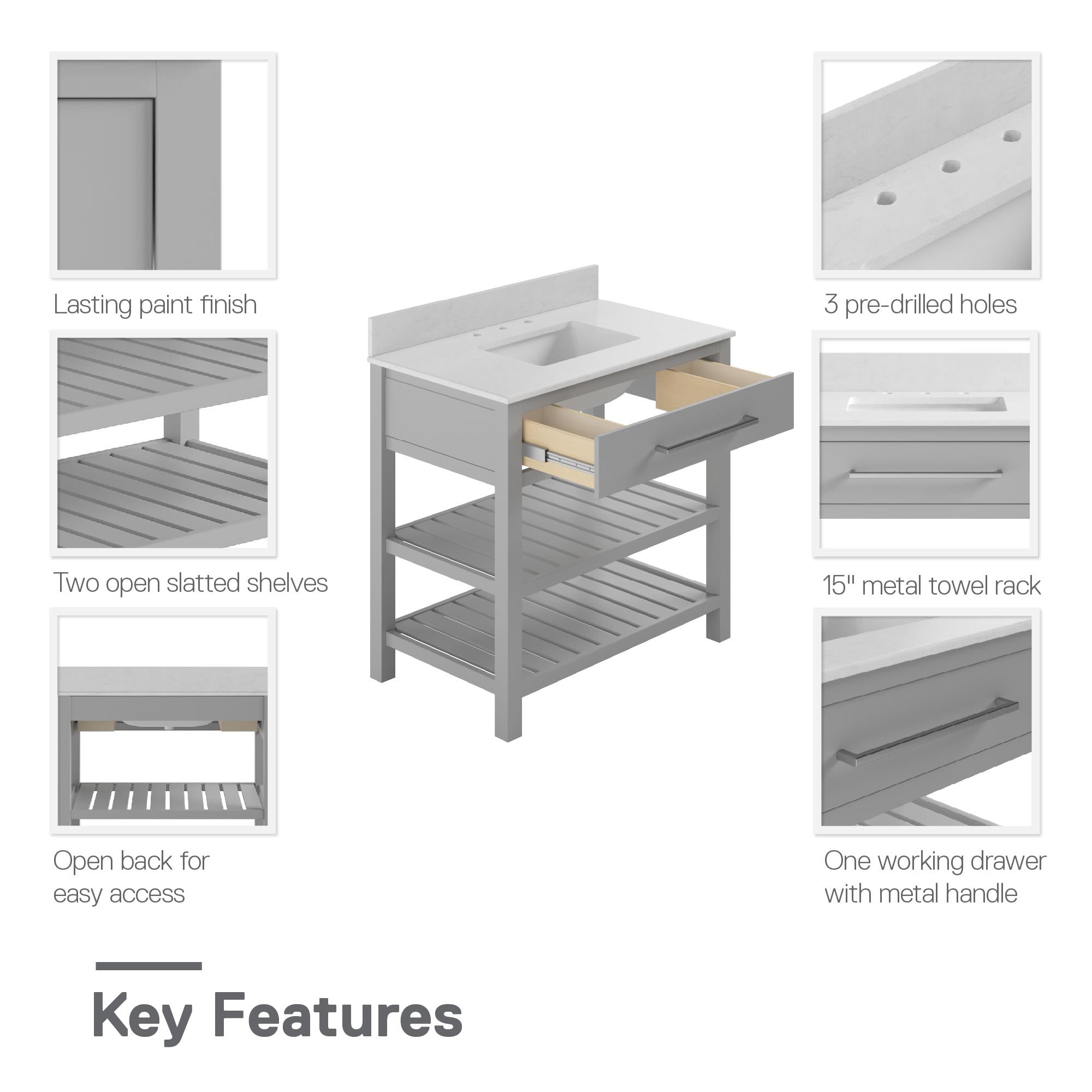 DHP Camden 36” Bathroom Vanity, Gray with Silver Towel Rack