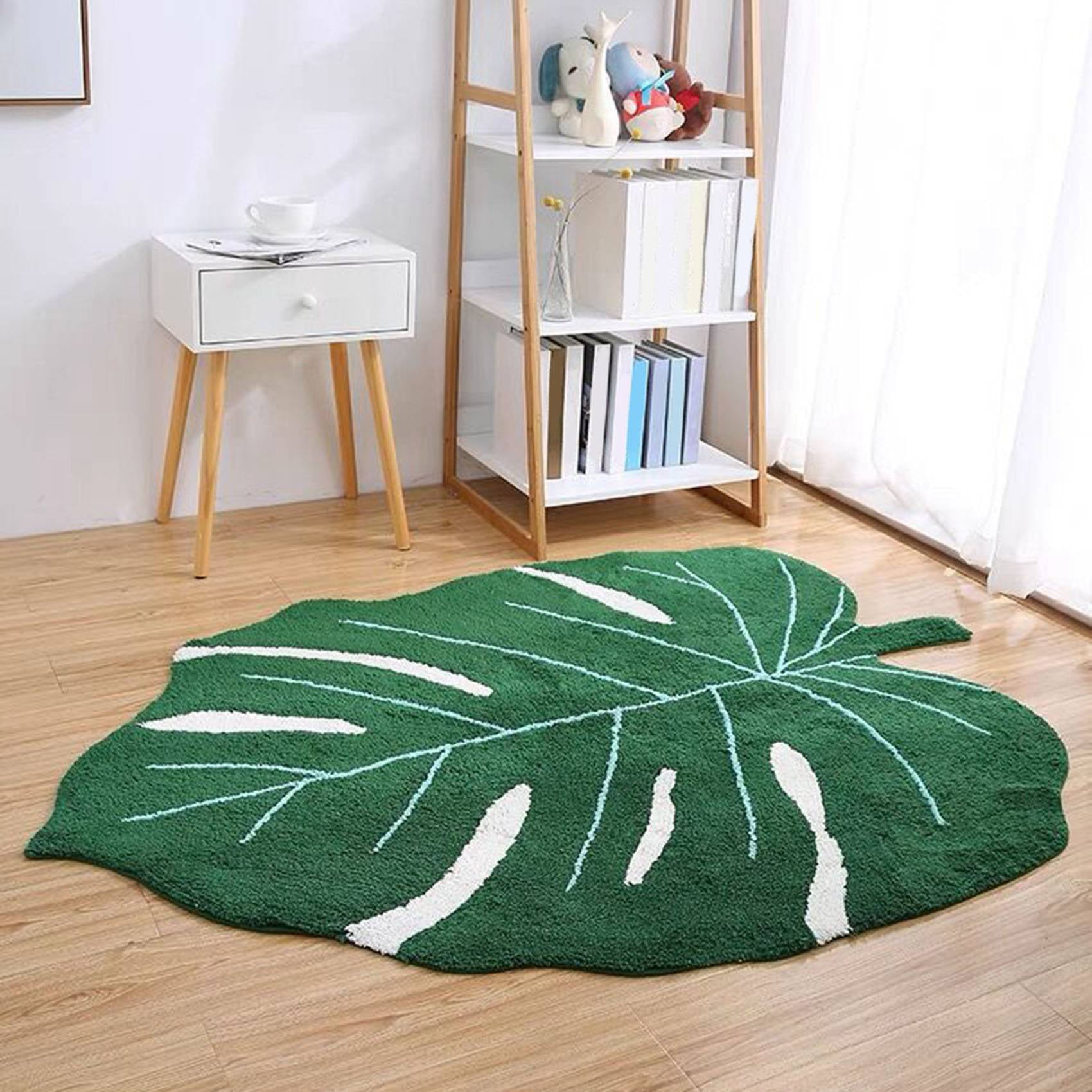Tropical Leaf Shaped 3d Long Pile Bedroom Bedside Rug, Bathroom